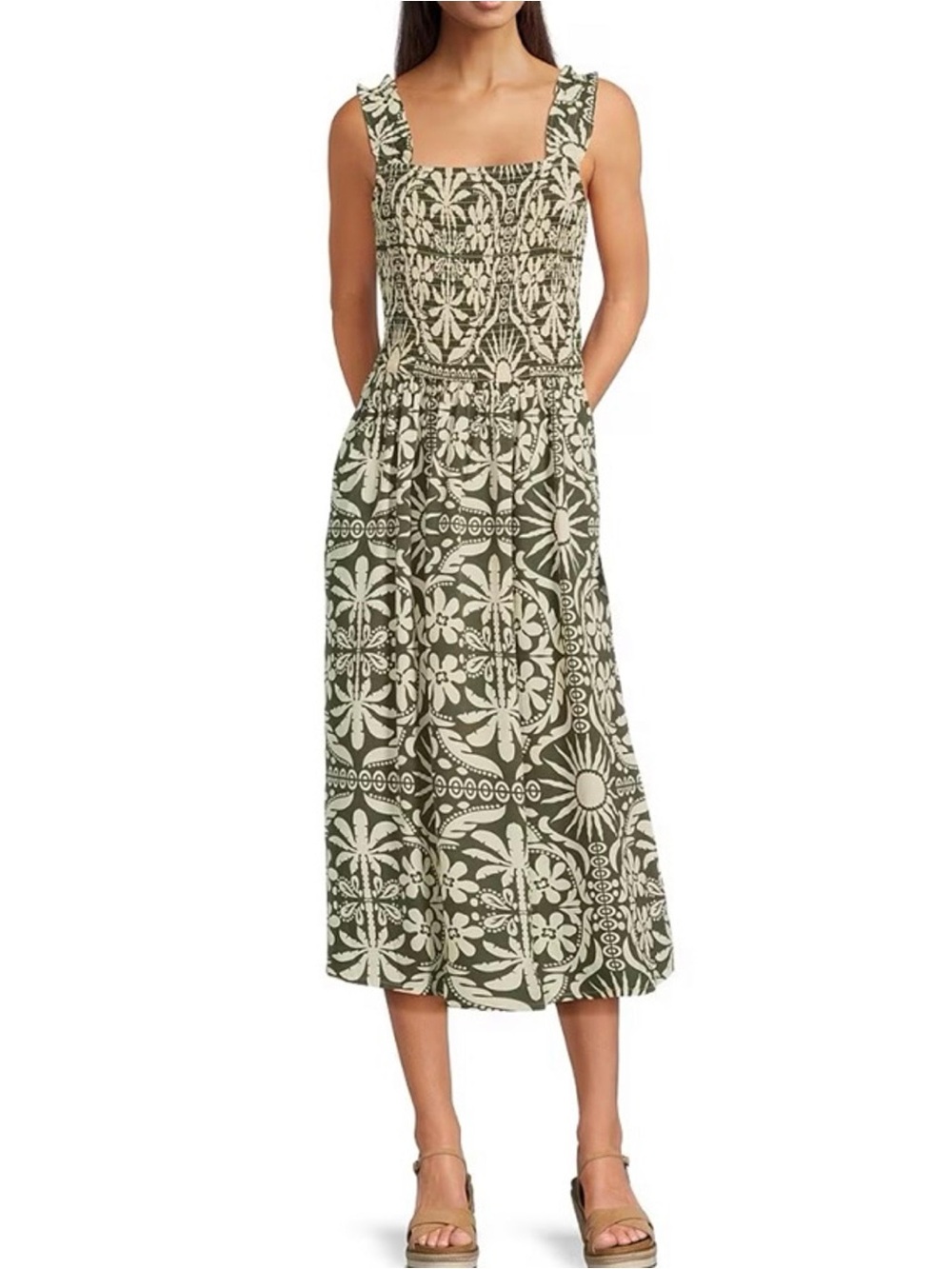 CHARLIE B Olive and Cream Floral Square-Neck Great for Beach